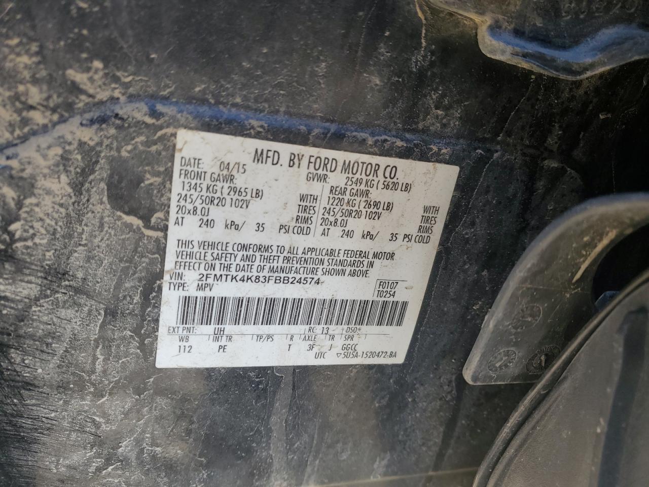 2015 Ford Edge VIN 2FMTK4K83FBB24574 Copart auction photo, front end damage thumbnail 13
