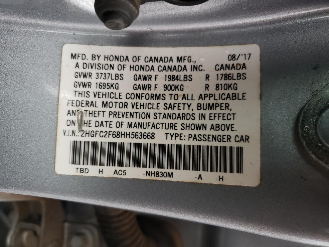 2017 Honda Civic VIN 2HGFC2F68HH563668 Copart auction photo, all over / undercarriage damage thumbnail 14