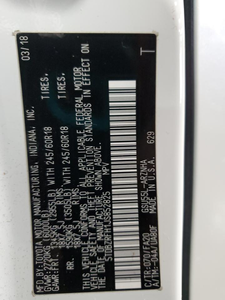 2018 Toyota Highlander VIN 5TDBZRFH1JS852825 Copart auction photo, front end / side damage thumbnail 14