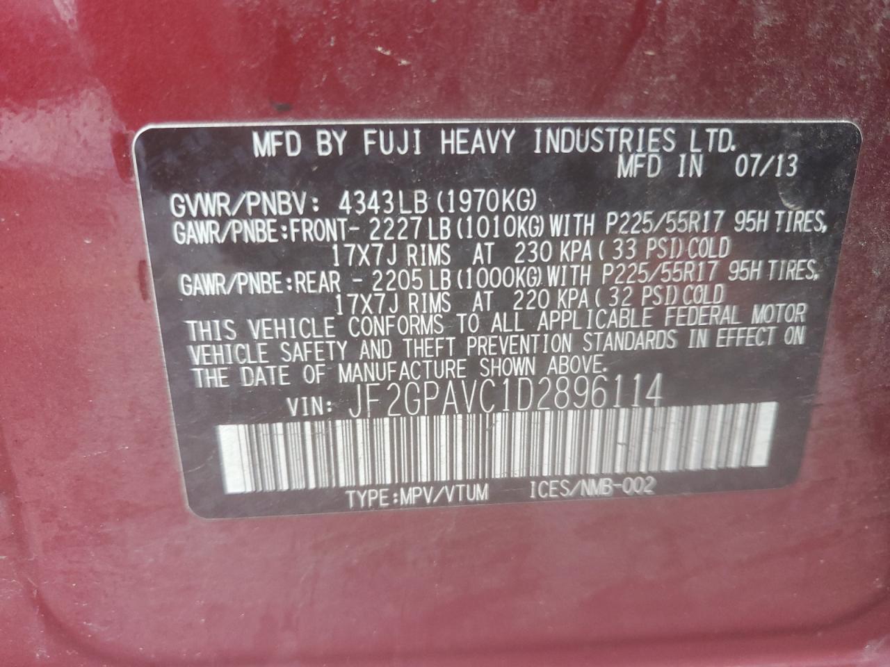 2013 Subaru XV VIN JF2GPAVC1D2896114 Copart auction photo, front end / minor dent/scratches damage thumbnail 16
