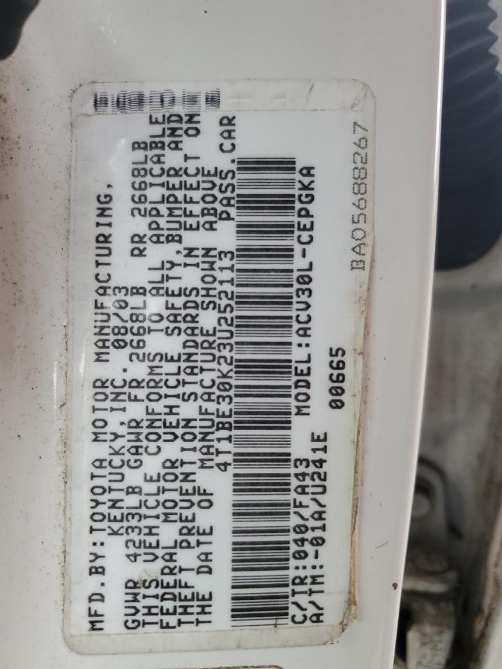 2003 Toyota Camry VIN 4T1BE30K23U252113 Copart auction photo, vandalism damage thumbnail 12