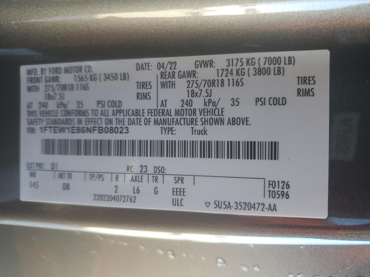 2022 Ford F-150 VIN 1FTEW1E86NFB08023 Copart auction photo, front end damage thumbnail 12