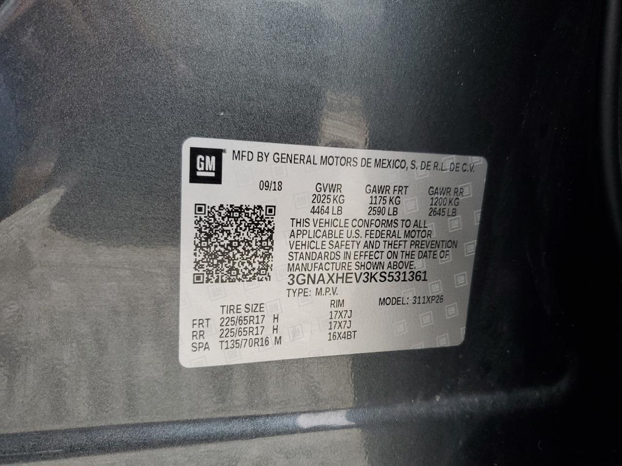 2019 Chevrolet Equinox VIN 3GNAXHEV3KS531361 Copart auction photo, rear end / minor dent/scratches damage thumbnail 13