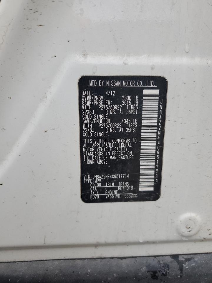 2012 Infiniti QX56 VIN JN8AZ2NF4C9517714 Copart auction photo, front end damage thumbnail 16