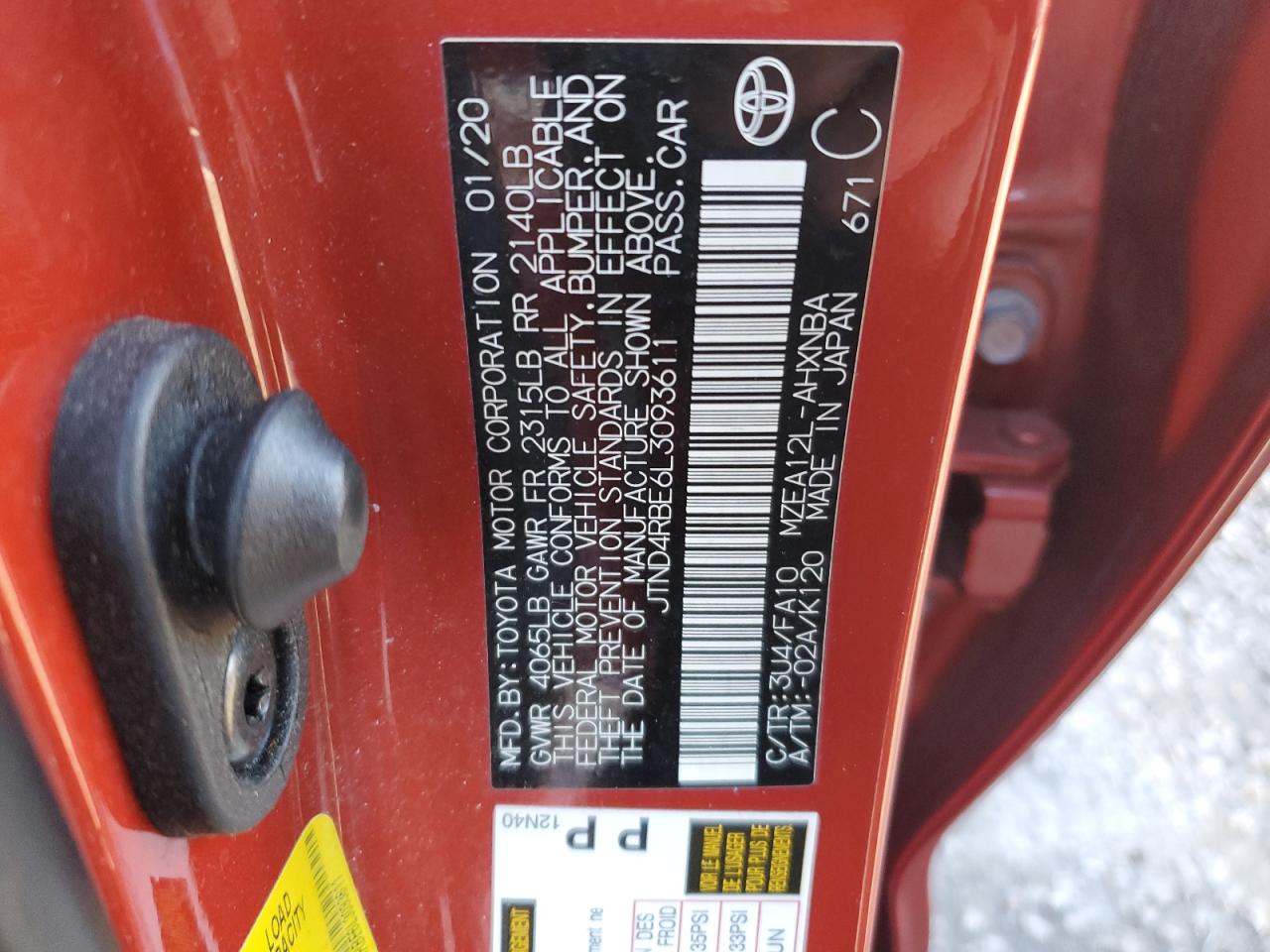 2020 Toyota Corolla VIN JTND4RBE6L3093611 Copart auction photo, rear end damage thumbnail 12