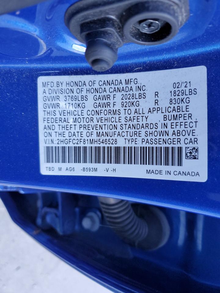 2021 Honda Civic VIN 2HGFC2F81MH546528 Copart auction photo, front end damage thumbnail 14