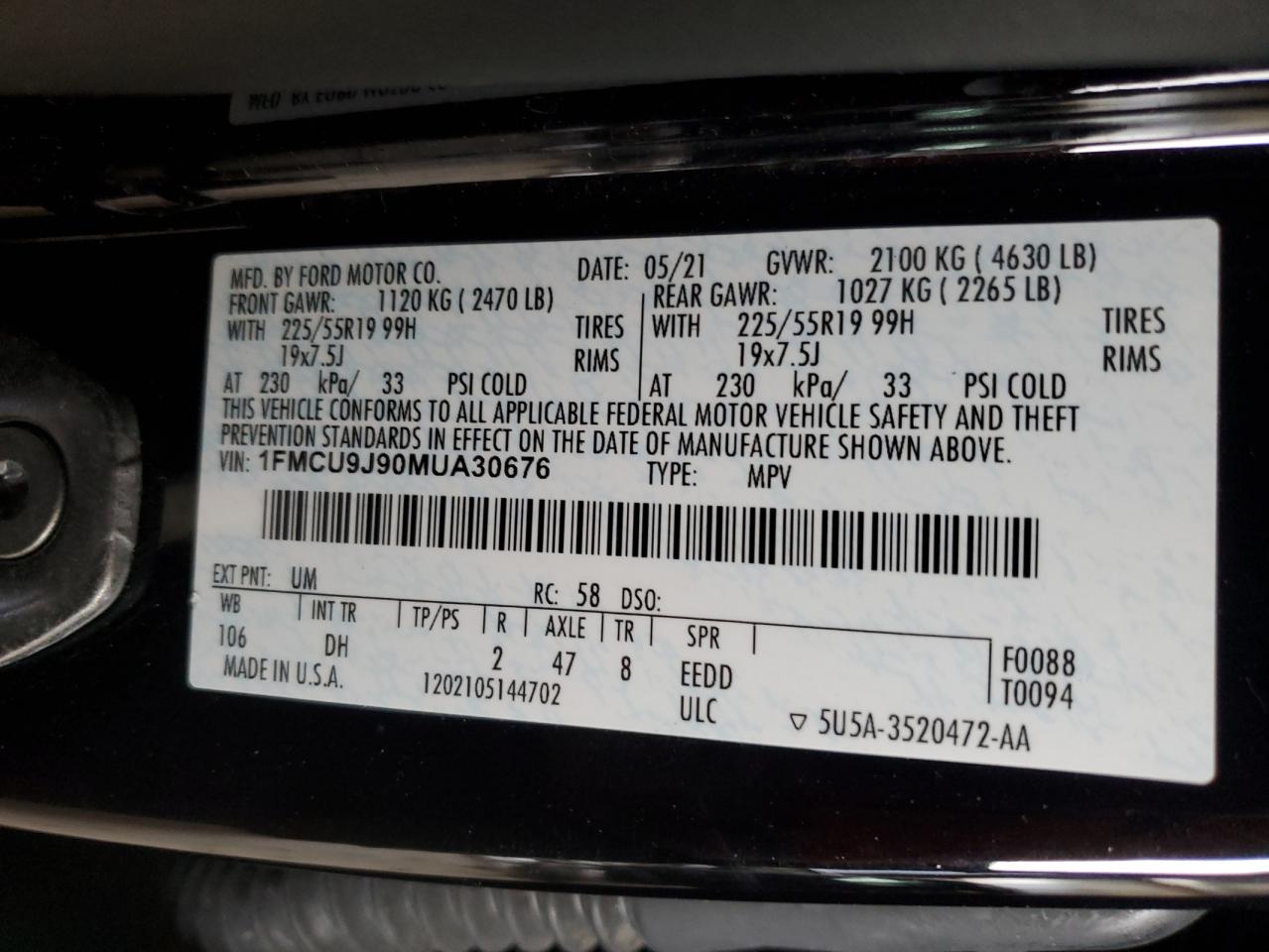 2021 Ford Escape VIN 1FMCU9J90MUA30676 Copart auction photo, all over damage thumbnail 15