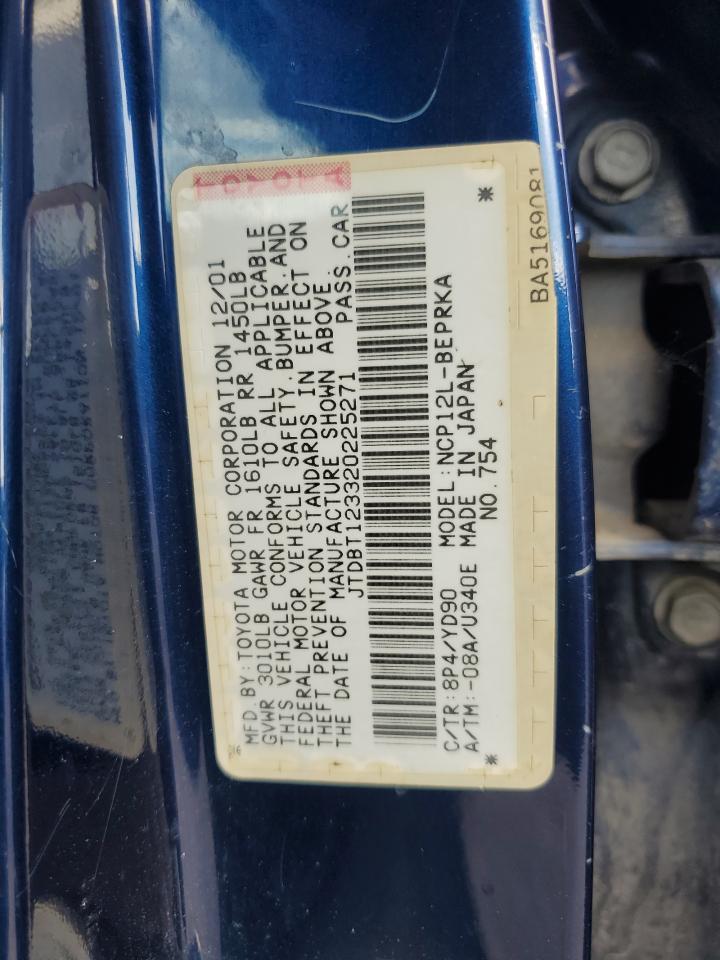 2002 Toyota Echo VIN JTDBT123320225271 Copart auction photo, rear end damage thumbnail 12