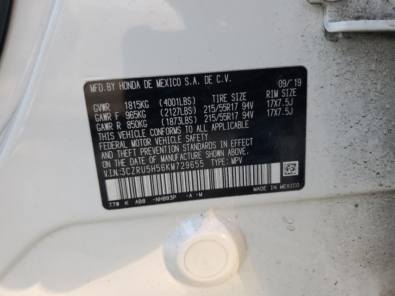 2019 Honda HR-V VIN 3CZRU5H56KM729655 Copart auction photo, all over damage thumbnail 13