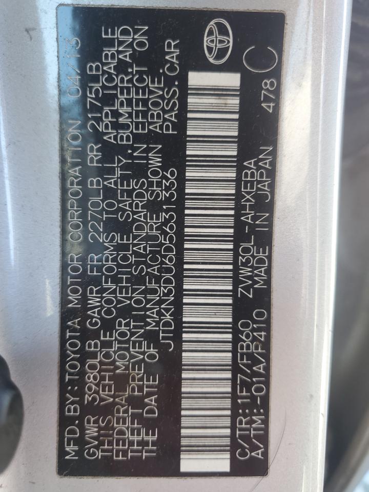 2013 Toyota Prius VIN JTDKN3DU6D5631336 Copart auction photo, front end / rear end damage thumbnail 12