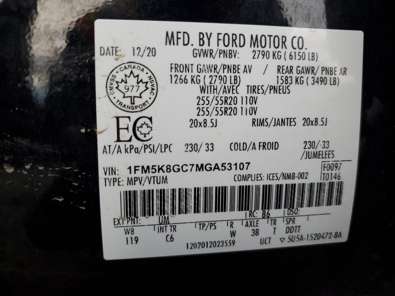 2021 Ford Explorer VIN 1FM5K8GC7MGA53107 Copart auction photo, front end / side damage thumbnail 13