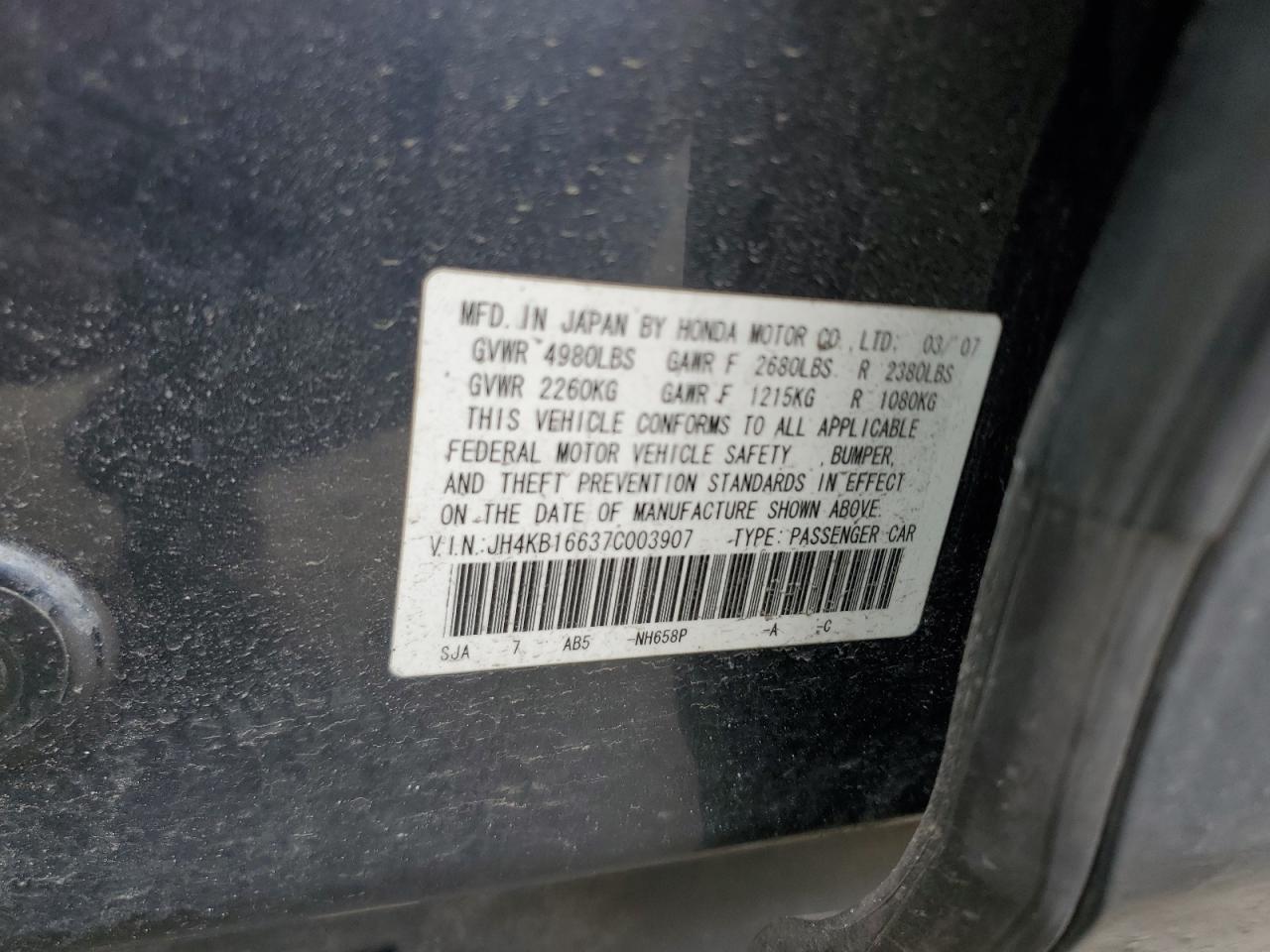 2007 Acura RL VIN JH4KB16637C003907 Copart auction photo, front end damage thumbnail 14