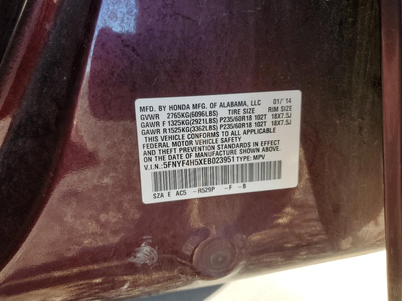 2014 Honda Pilot VIN 5FNYF4H5XEB023951 Copart auction photo, front end damage thumbnail 13