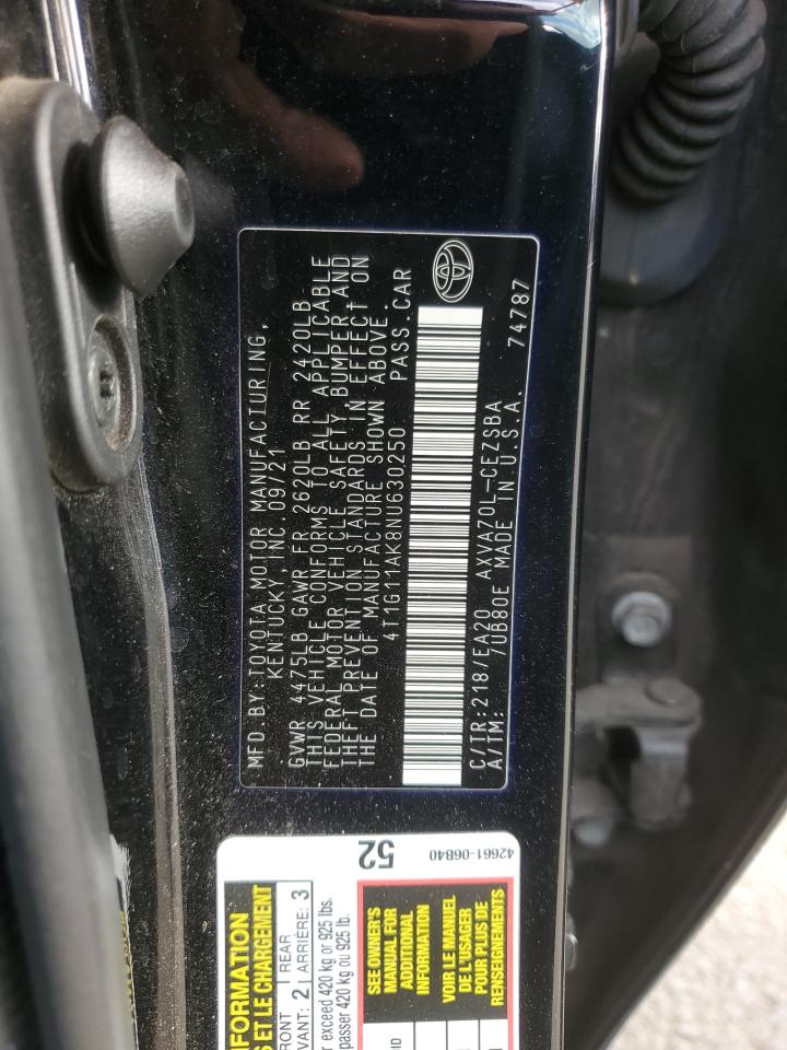 2022 Toyota Camry VIN 4T1G11AK8NU630250 Copart auction photo, vandalism damage thumbnail 12