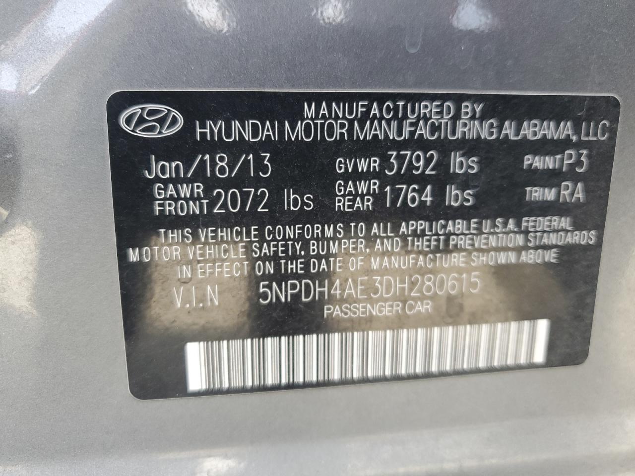 2013 Hyundai Elantra VIN 5NPDH4AE3DH280615 Copart auction photo, side damage thumbnail 12