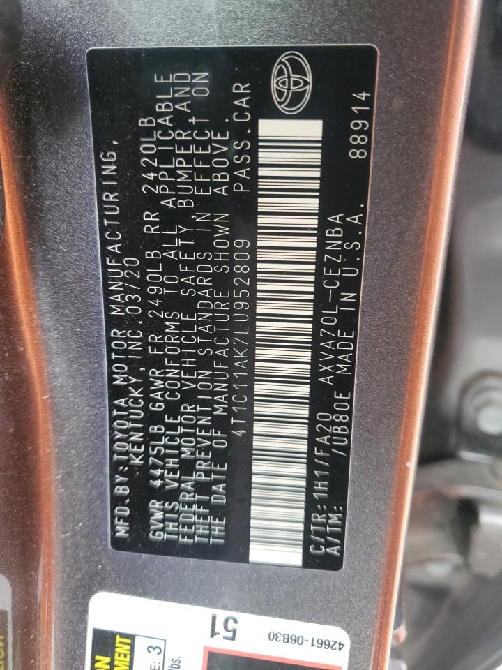 2020 Toyota Camry VIN 4T1C11AK7LU952809 Copart auction photo, hail / minor dent/scratches damage thumbnail 12