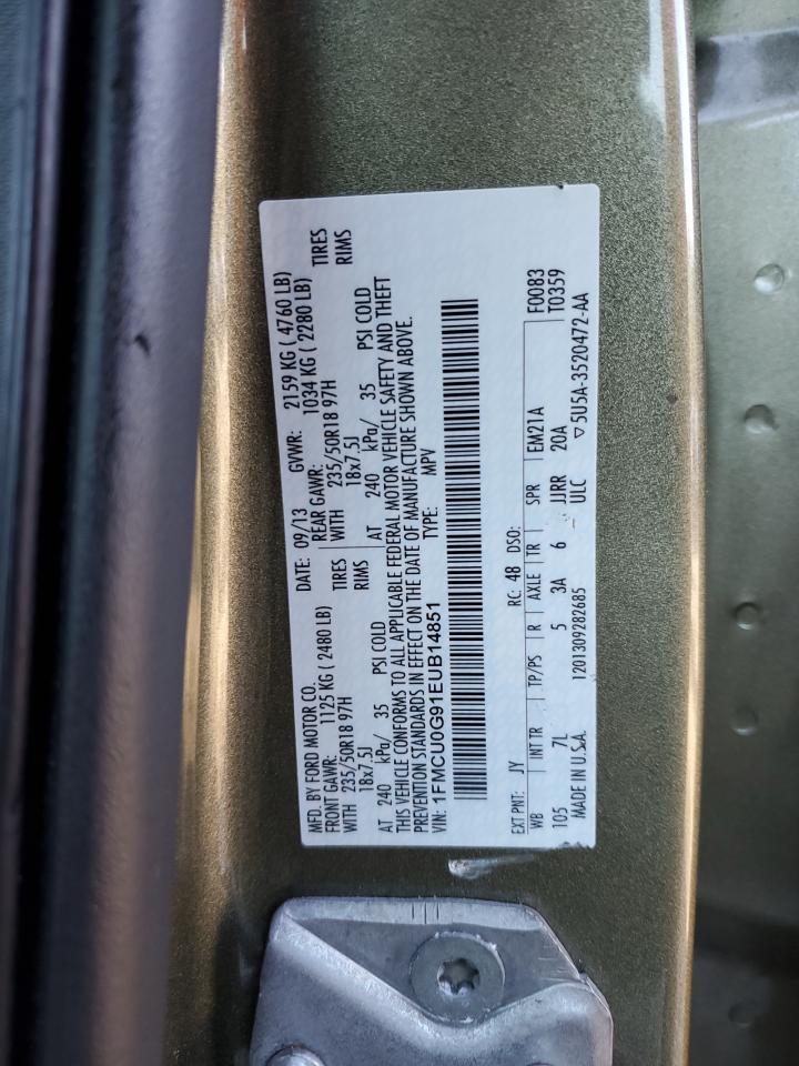 2014 Ford Escape VIN 1FMCU0G91EUB14851 Copart auction photo, front end / side damage thumbnail 15