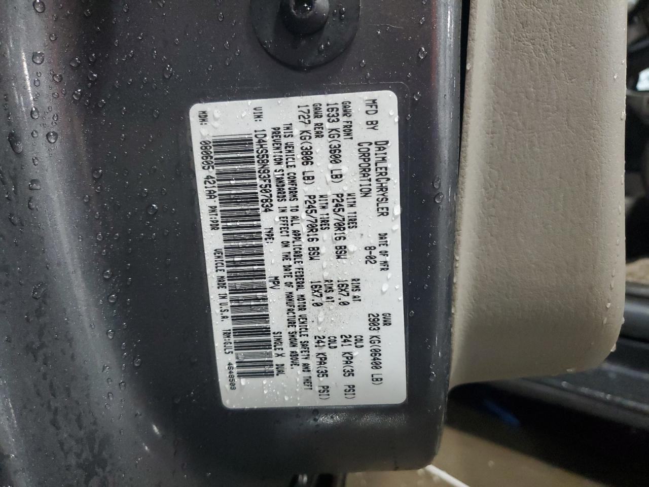 2003 Dodge Durango VIN 1D4HS58N93F507834 Copart auction photo, all over damage thumbnail 13