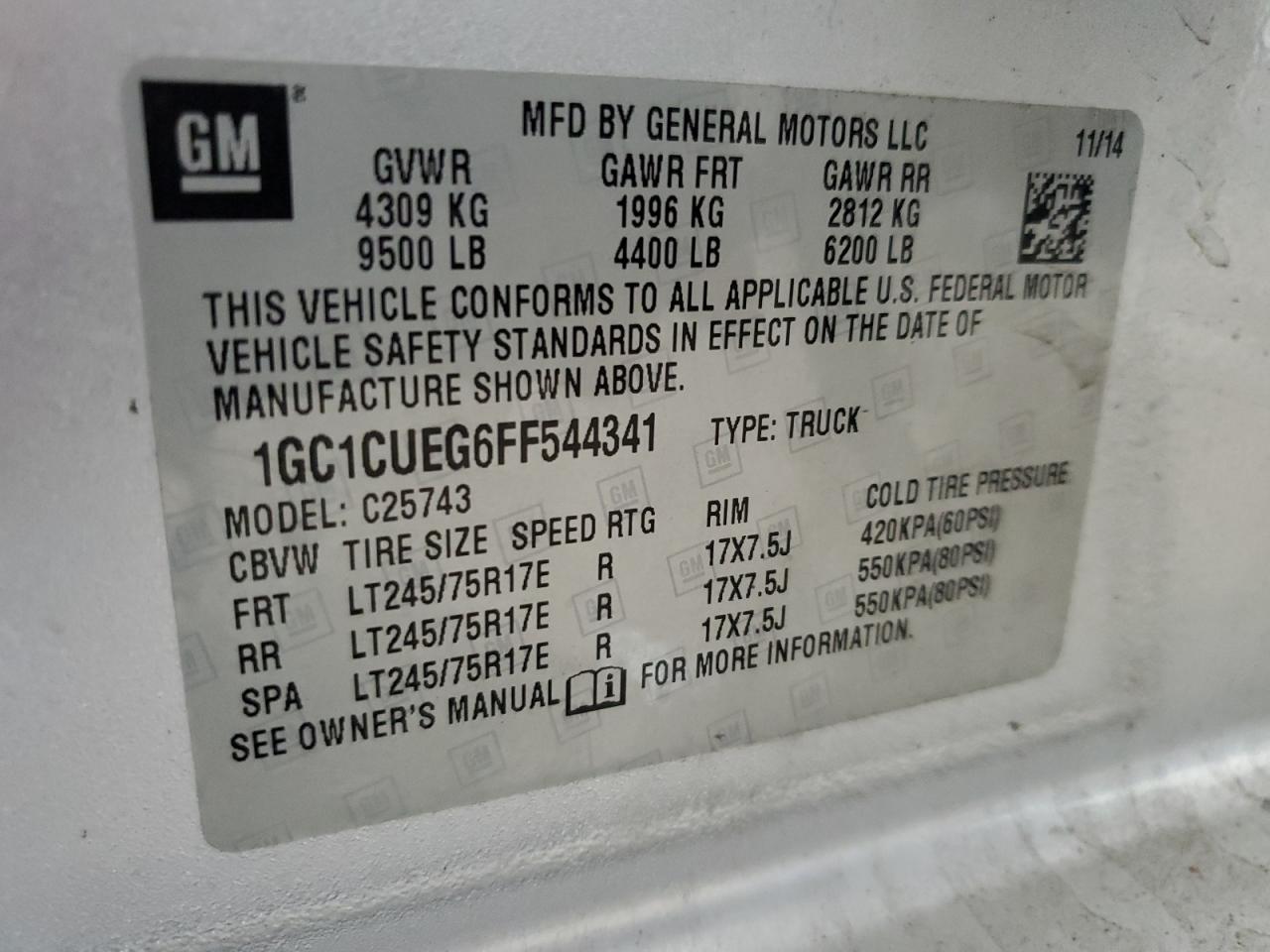 2015 Chevrolet Silverado VIN 1GC1CUEG6FF544341 Copart auction photo, front end damage thumbnail 12