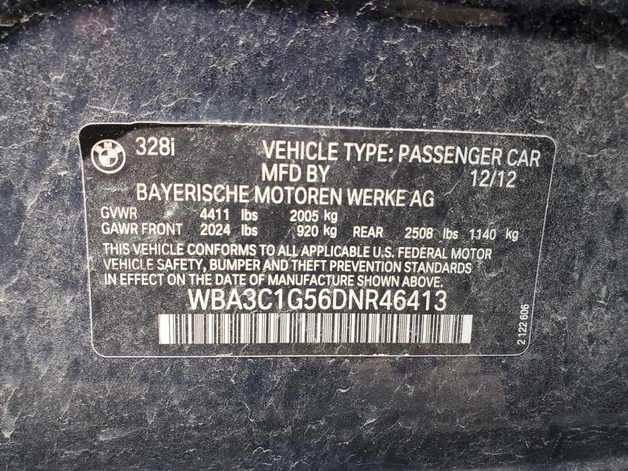 2013 BMW 3er VIN WBA3C1G56DNR46413 Copart auction photo, side damage thumbnail 12