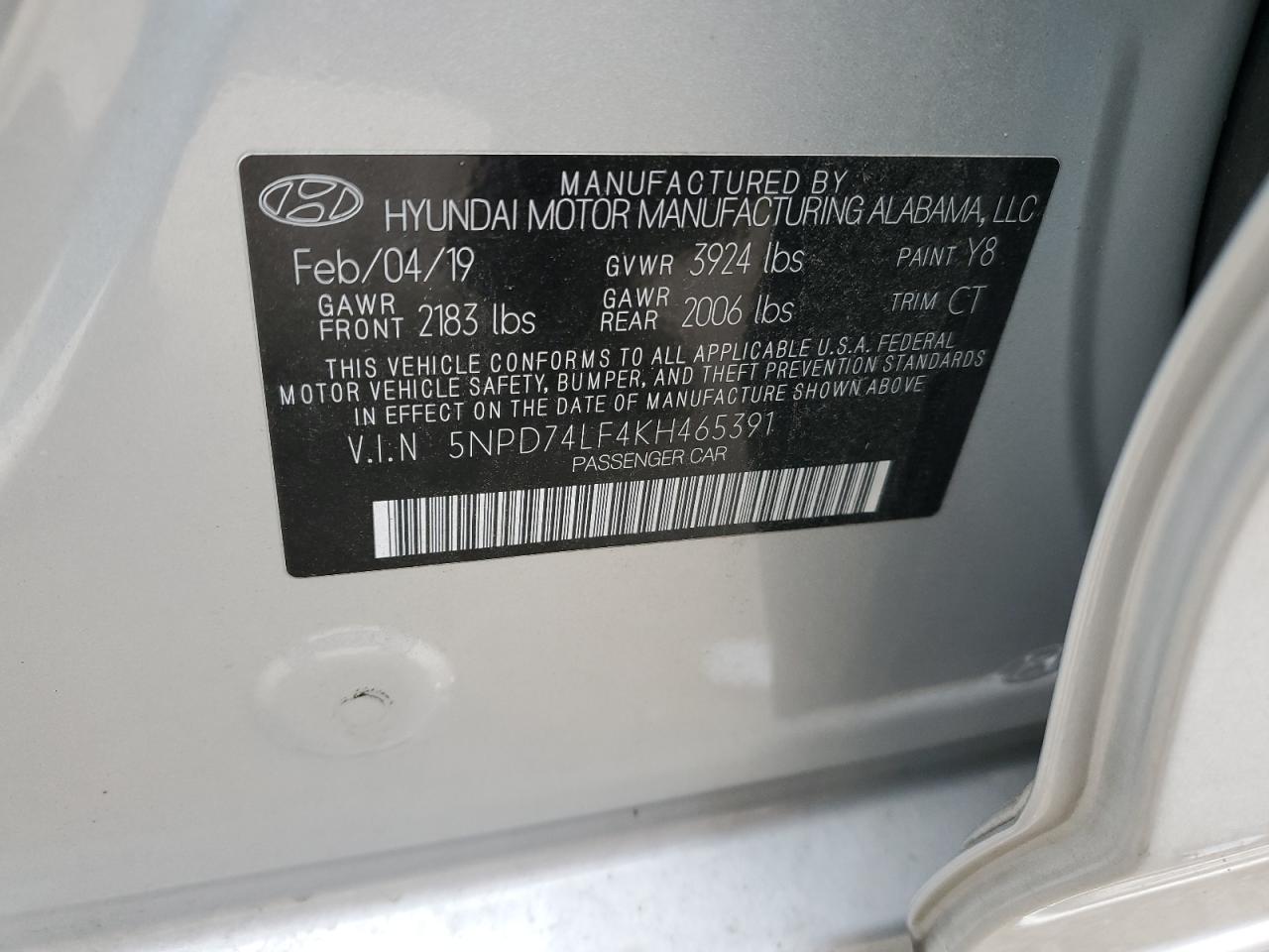 2019 Hyundai Elantra VIN 5NPD74LF4KH465391 Copart auction photo, rear end damage thumbnail 12