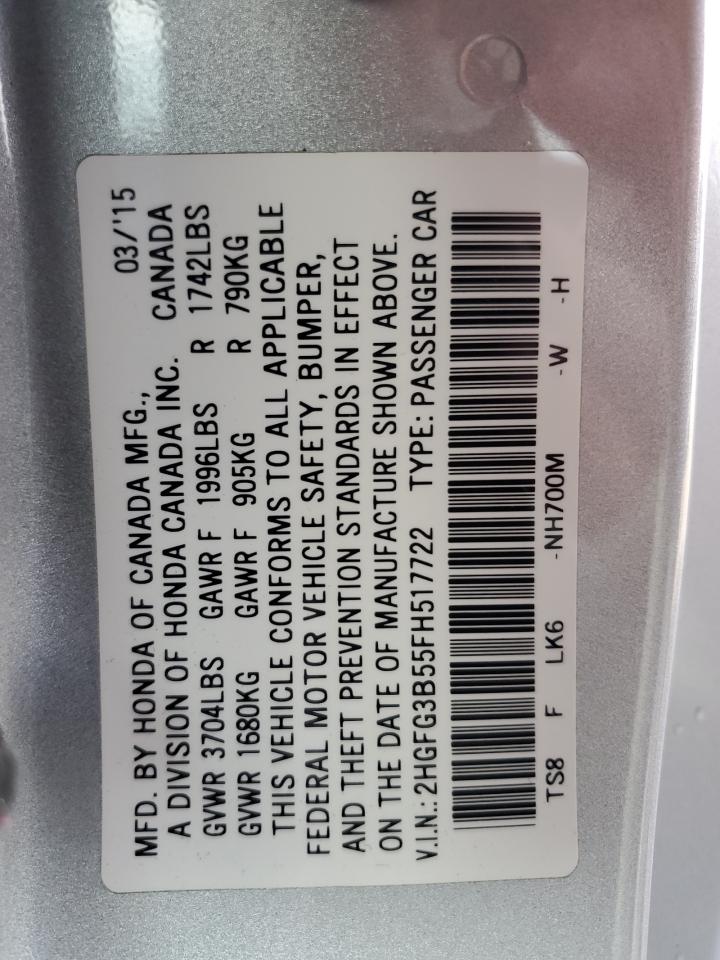2015 Honda Civic VIN 2HGFG3B55FH517722 Copart auction photo, rear end / side damage thumbnail 14