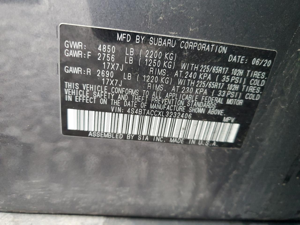 2020 Subaru Outback VIN 4S4BTACCXL3232406 Copart auction photo, rear end damage thumbnail 12