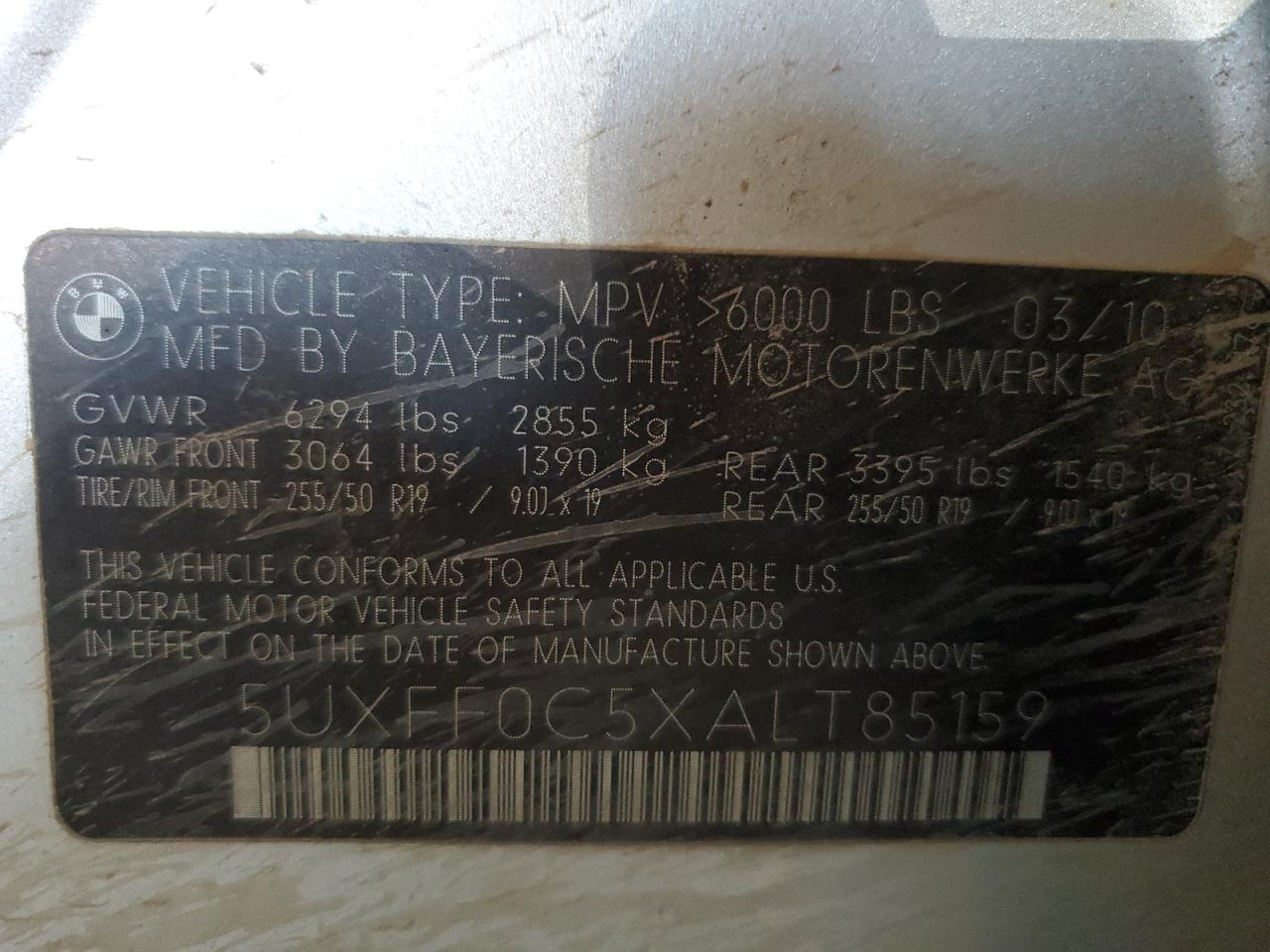 2010 BMW X5 VIN 5UXFF0C5XALT85159 Copart auction photo, minor dent/scratches damage thumbnail 14