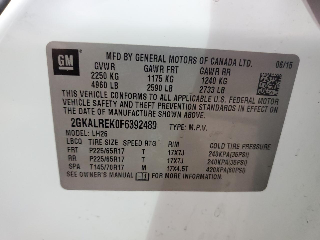 2015 GMC Terrain VIN 2GKALREK0F6392489 Copart auction photo, mechanical / minor dent/scratches damage thumbnail 13
