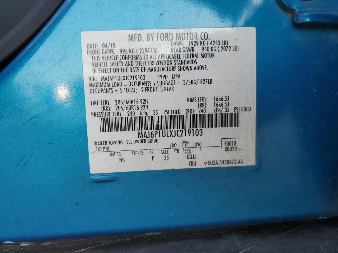 2018 Ford EcoSport VIN MAJ6P1ULXJC219103 Copart auction photo, front end damage thumbnail 16