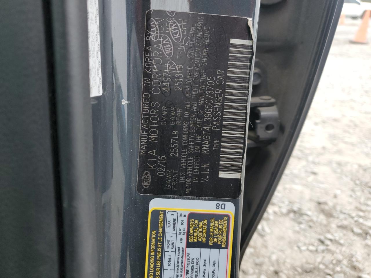 2016 KIA Optima VIN KNAGT4L39G5073705 Copart auction photo, front end damage thumbnail 13