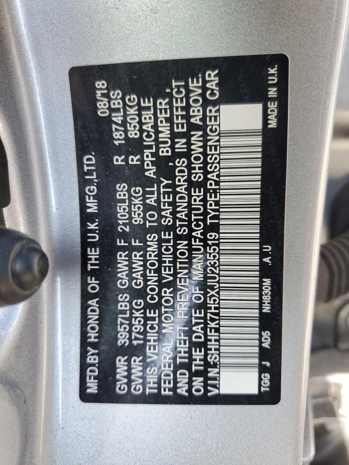 2018 Honda Civic VIN SHHFK7H5XJU235519 Copart auction photo, rear end damage thumbnail 14
