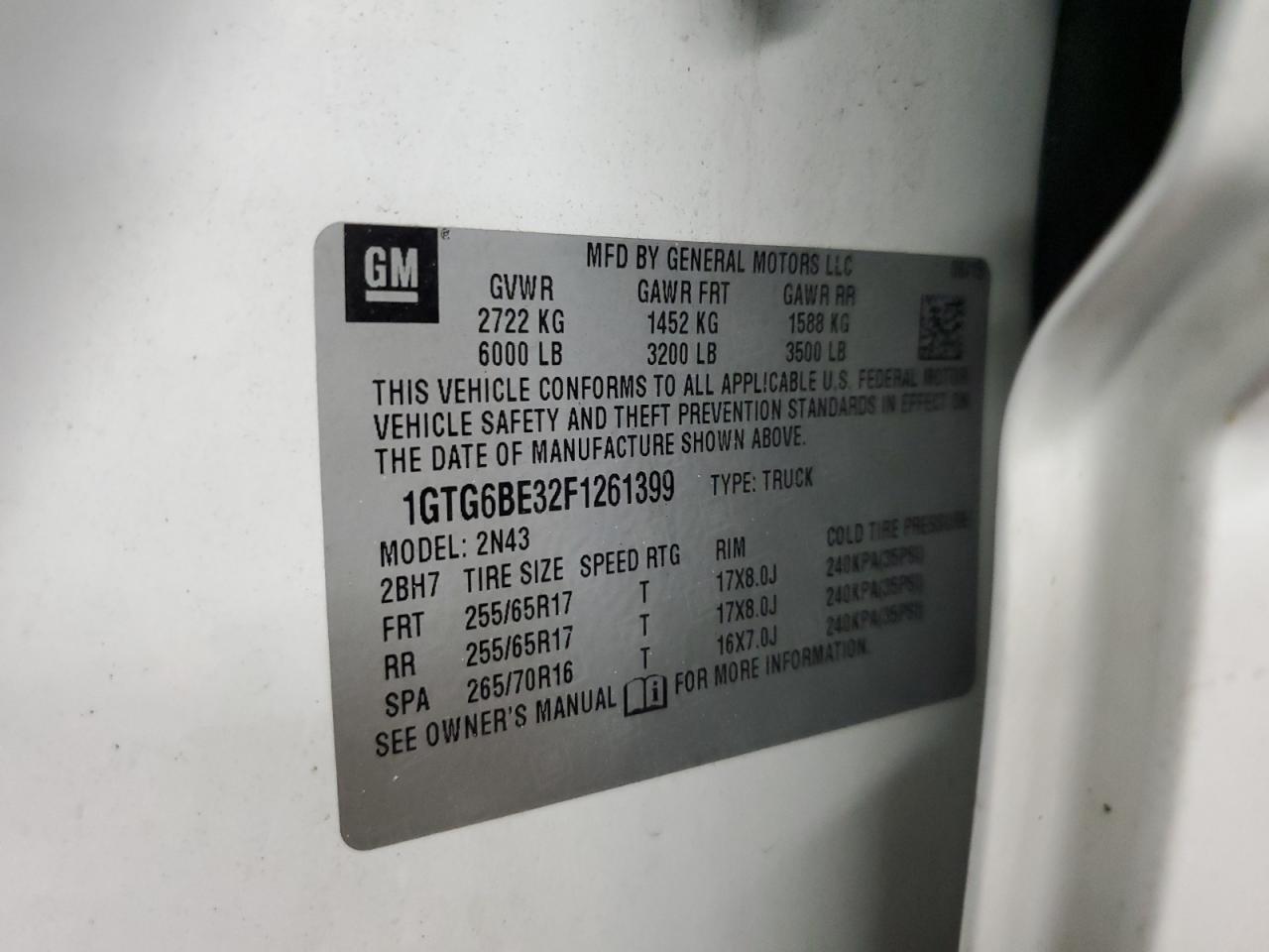 2015 GMC Canyon VIN 1GTG6BE32F1261399 Copart auction photo, front end damage thumbnail 12