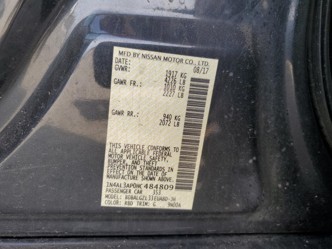 2017 Nissan Altima VIN 1N4AL3AP0HC484809 Copart auction photo, rear end damage thumbnail 14