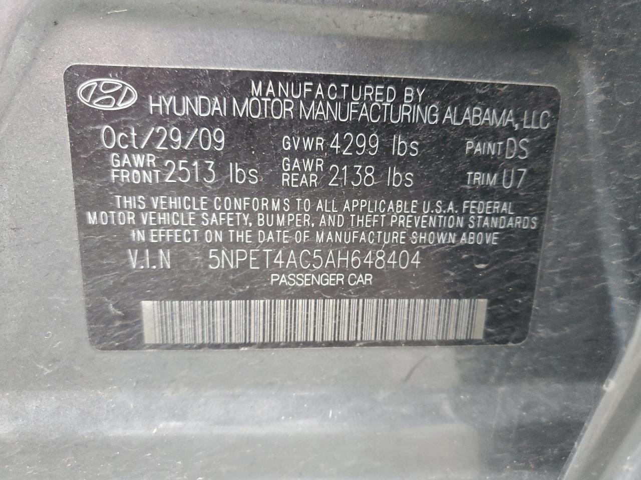 2010 Hyundai Sonata VIN 5NPET4AC5AH648404 Copart auction photo, front end / side damage thumbnail 12