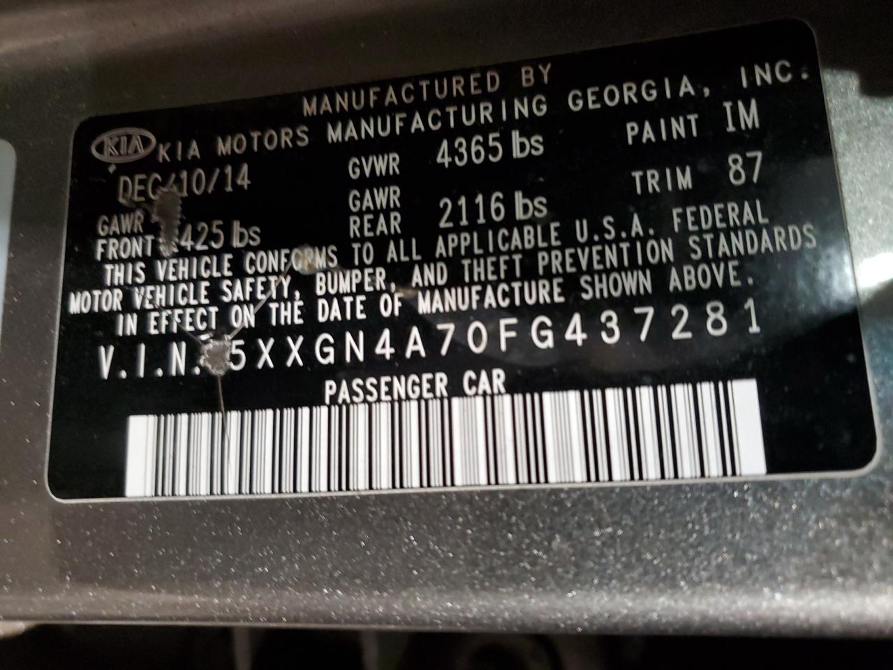 2015 KIA Optima VIN 5XXGN4A70FG437281 Copart auction photo, front end / side damage thumbnail 12