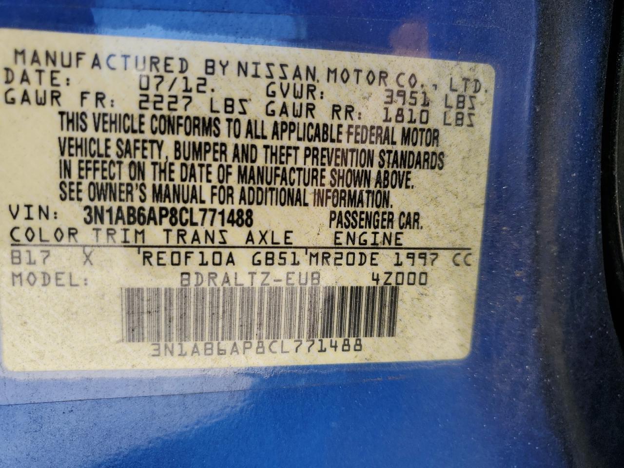 2012 Nissan Sentra VIN 3N1AB6AP8CL771488 Copart auction photo, front end / rear end damage thumbnail 15
