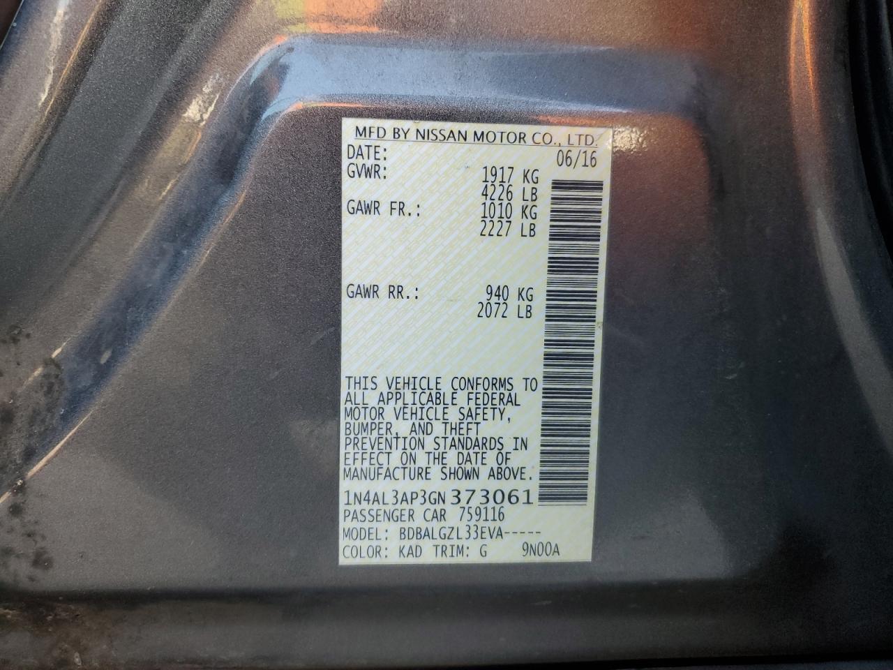 2016 Nissan Altima VIN 1N4AL3AP3GN373061 Copart auction photo, front end damage thumbnail 12