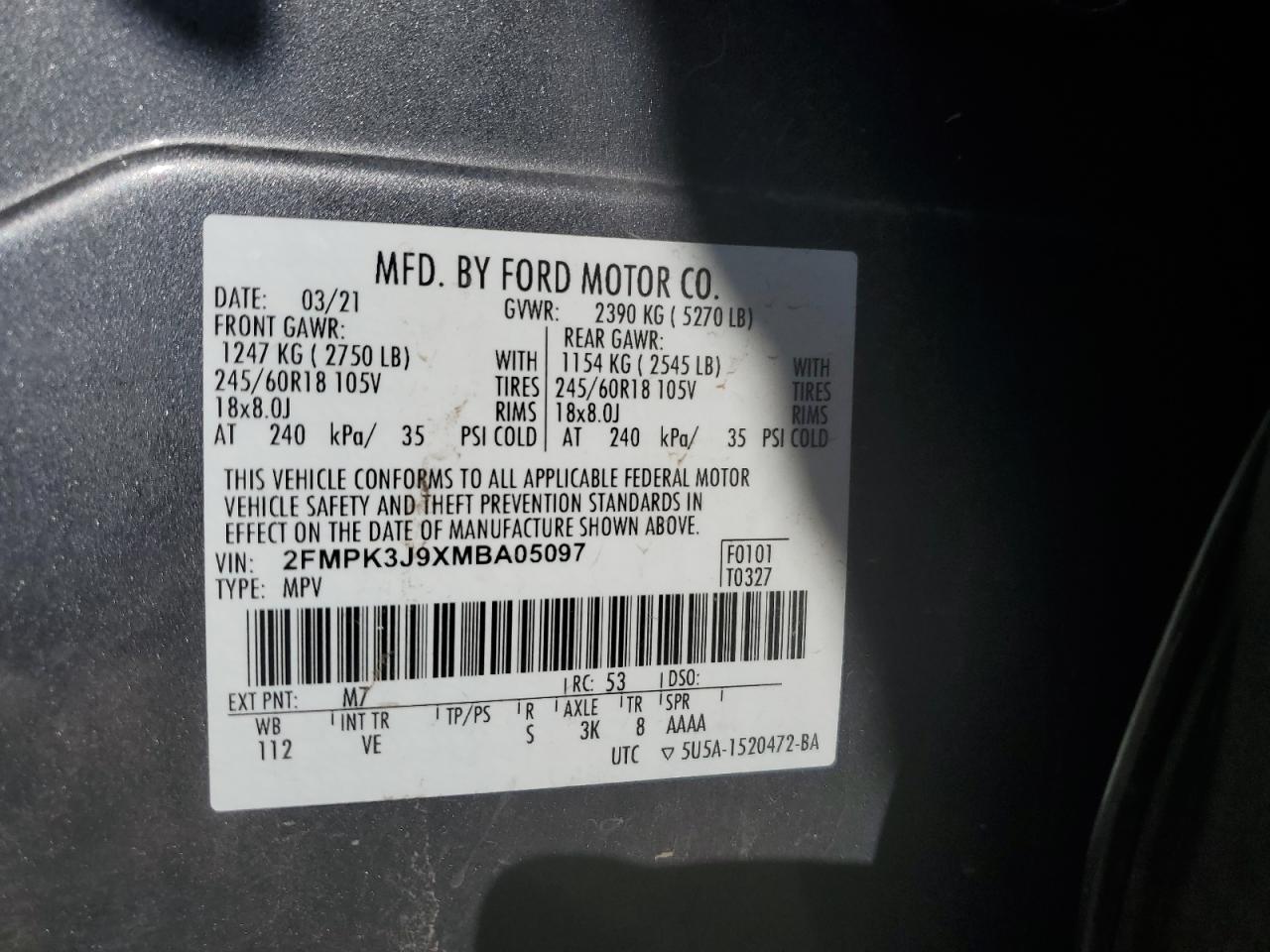 2021 Ford Edge VIN 2FMPK3J9XMBA05097 Copart auction photo, front end / side damage thumbnail 13