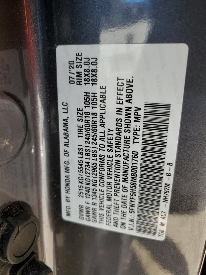 2021 Honda Pilot VIN 5FNYF5H58MB001760 Copart auction photo, side / front end damage thumbnail 15