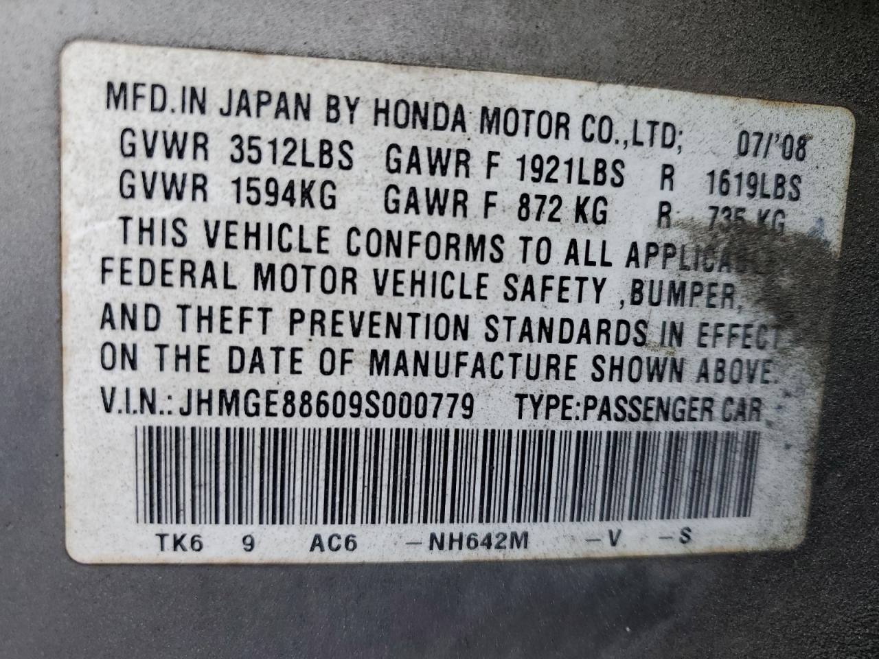 2009 Honda Fit VIN JHMGE88609S000779 Copart auction photo, rear end damage thumbnail 14
