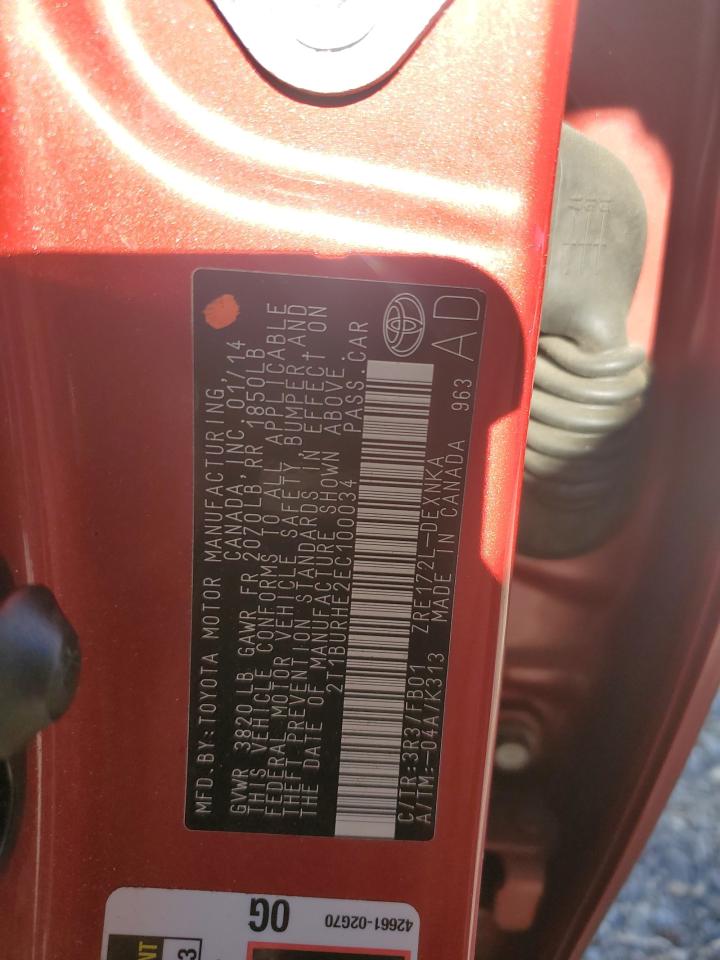2014 Toyota Corolla VIN 2T1BURHE2EC100034 Copart auction photo, all over damage thumbnail 12