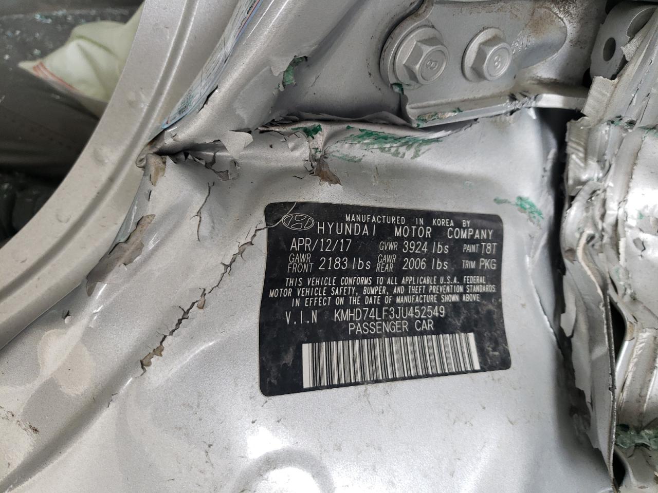 2018 Hyundai Elantra VIN KMHD74LF3JU452549 Copart auction photo, all over damage thumbnail 13
