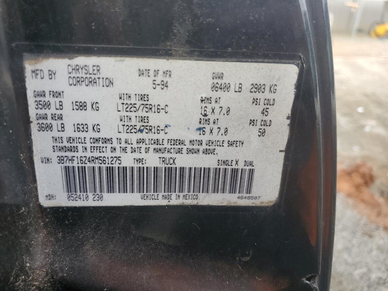 1994 Dodge RAM VIN 3B7HF16Z4RM561275 Copart auction photo, burn damage thumbnail 12