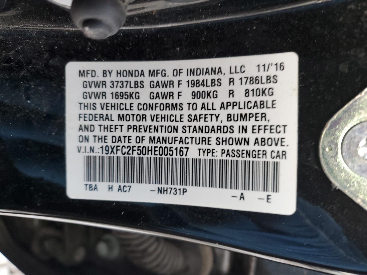 2017 Honda Civic VIN 19XFC2F50HE005167 Copart auction photo, rear end / minor dent/scratches damage thumbnail 12