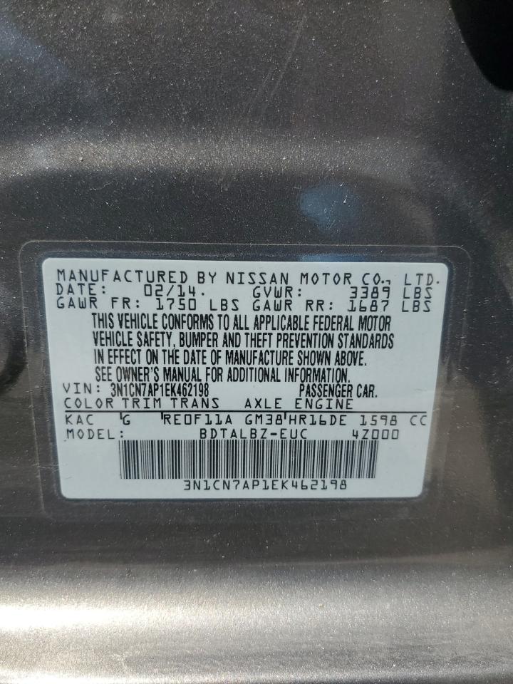 2014 Nissan Versa VIN 3N1CN7AP1EK462198 Copart auction photo, rear end / front end damage thumbnail 12