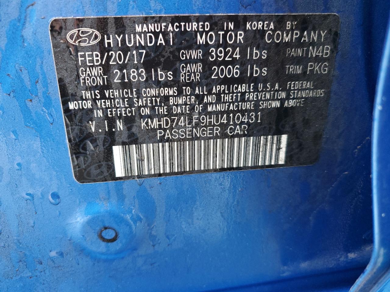 2017 Hyundai Elantra VIN KMHD74LF9HU410431 Copart auction photo, front end damage thumbnail 12