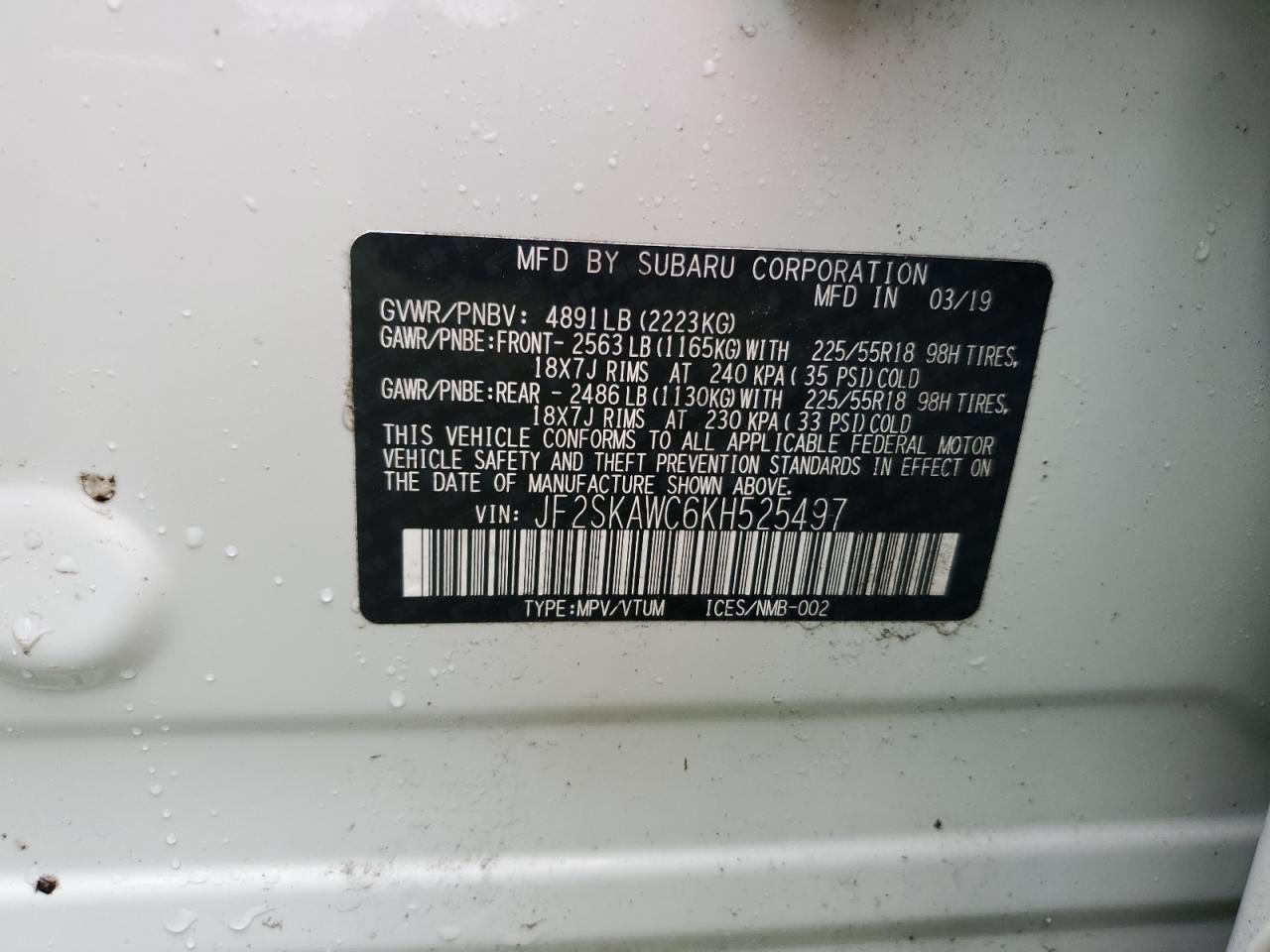 2019 Subaru Forester VIN JF2SKAWC6KH525497 Copart auction photo, water/flood damage thumbnail 14
