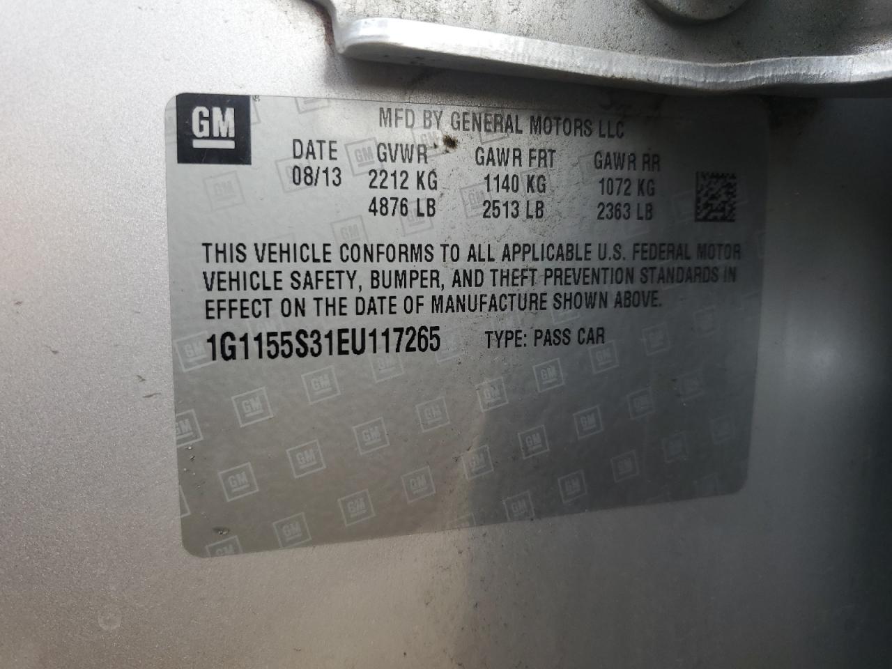 2014 Chevrolet Impala VIN 1G1155S31EU117265 Copart auction photo, rear end / front end damage thumbnail 14