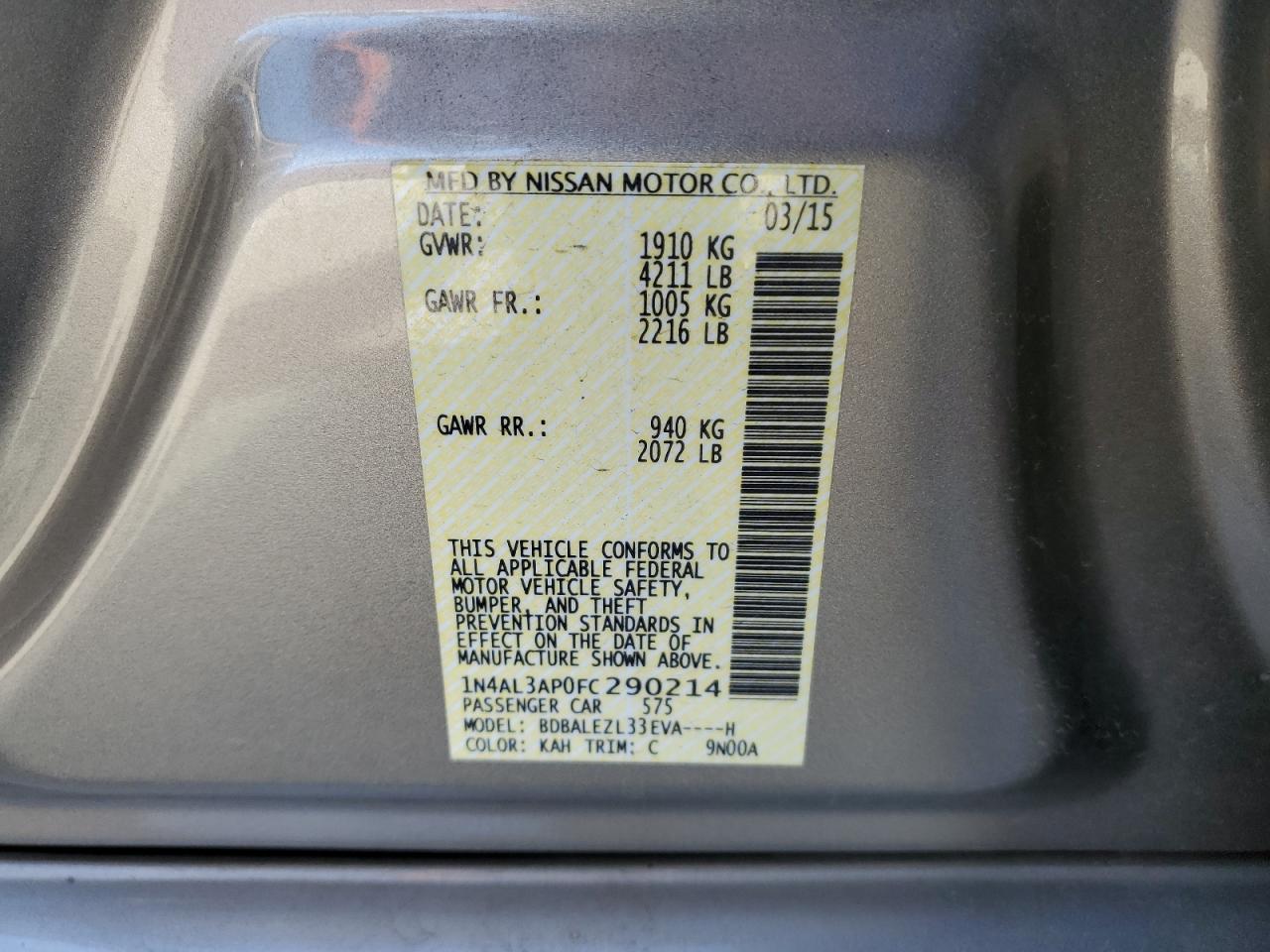 2015 Nissan Altima VIN 1N4AL3AP0FC290214 Copart auction photo, undercarriage / front end damage thumbnail 12